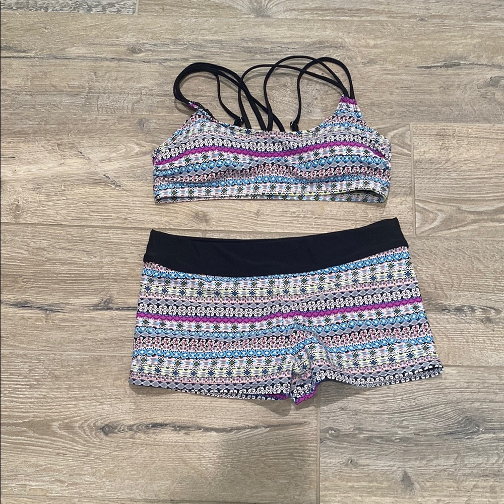 Colorful Strappy Sports Bra and Shorts Set.